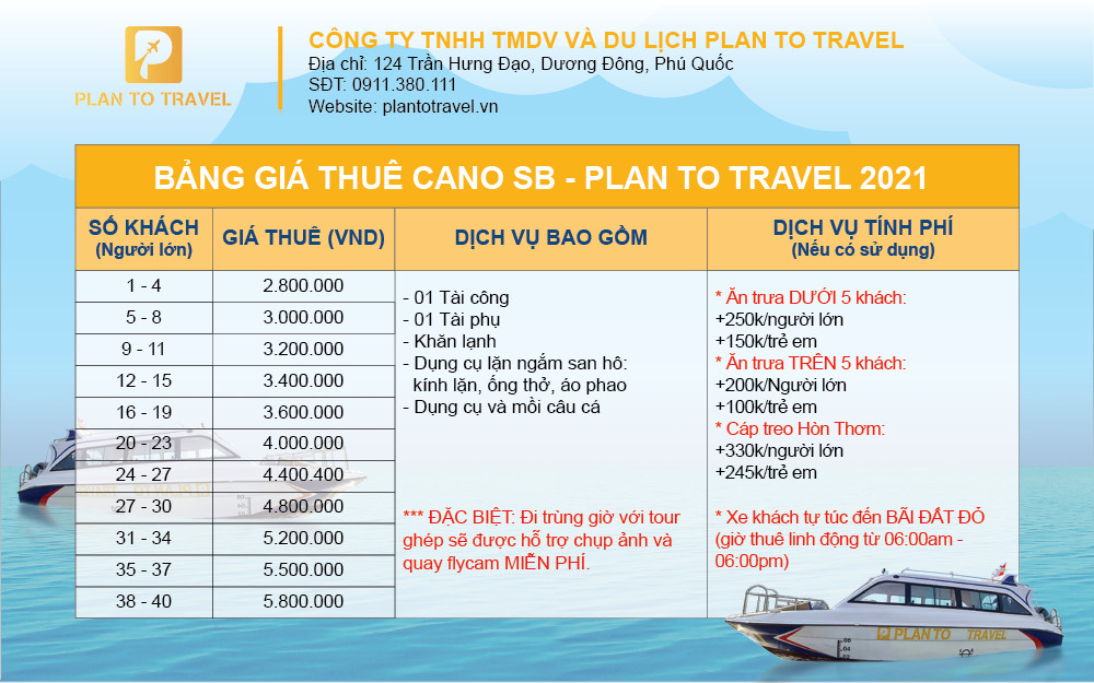 Bảng giá dịch vụ thuê cano SB Phú Quốc của Plan To Travel 