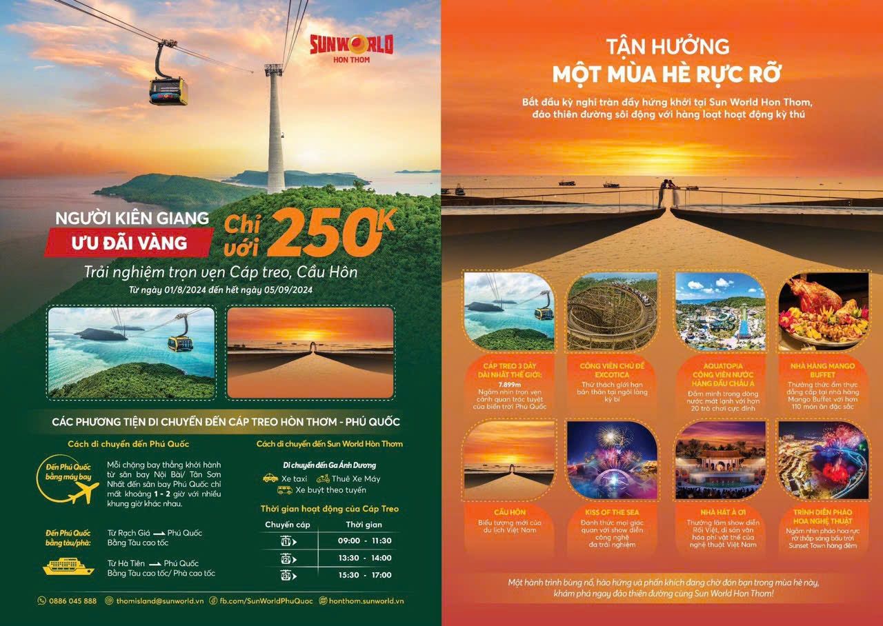 Khuyến mãi giá vé cực sốc tạ Sun World Hòn Thơm chỉ 250k cho người Kiên Giang